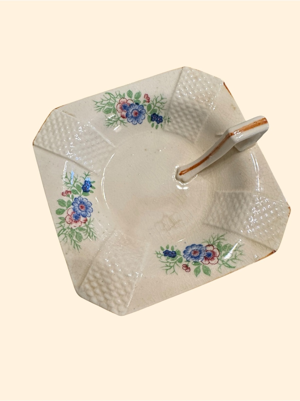 Vintage Floral Ceramic Handled Serving Dish Blue Pink Flowers Japan